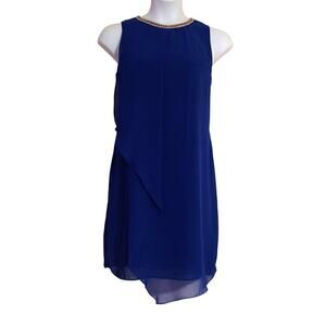 MSK Navy Blue Layered Chiffon Beaded Sleeveless Special Occasion Midi Dress